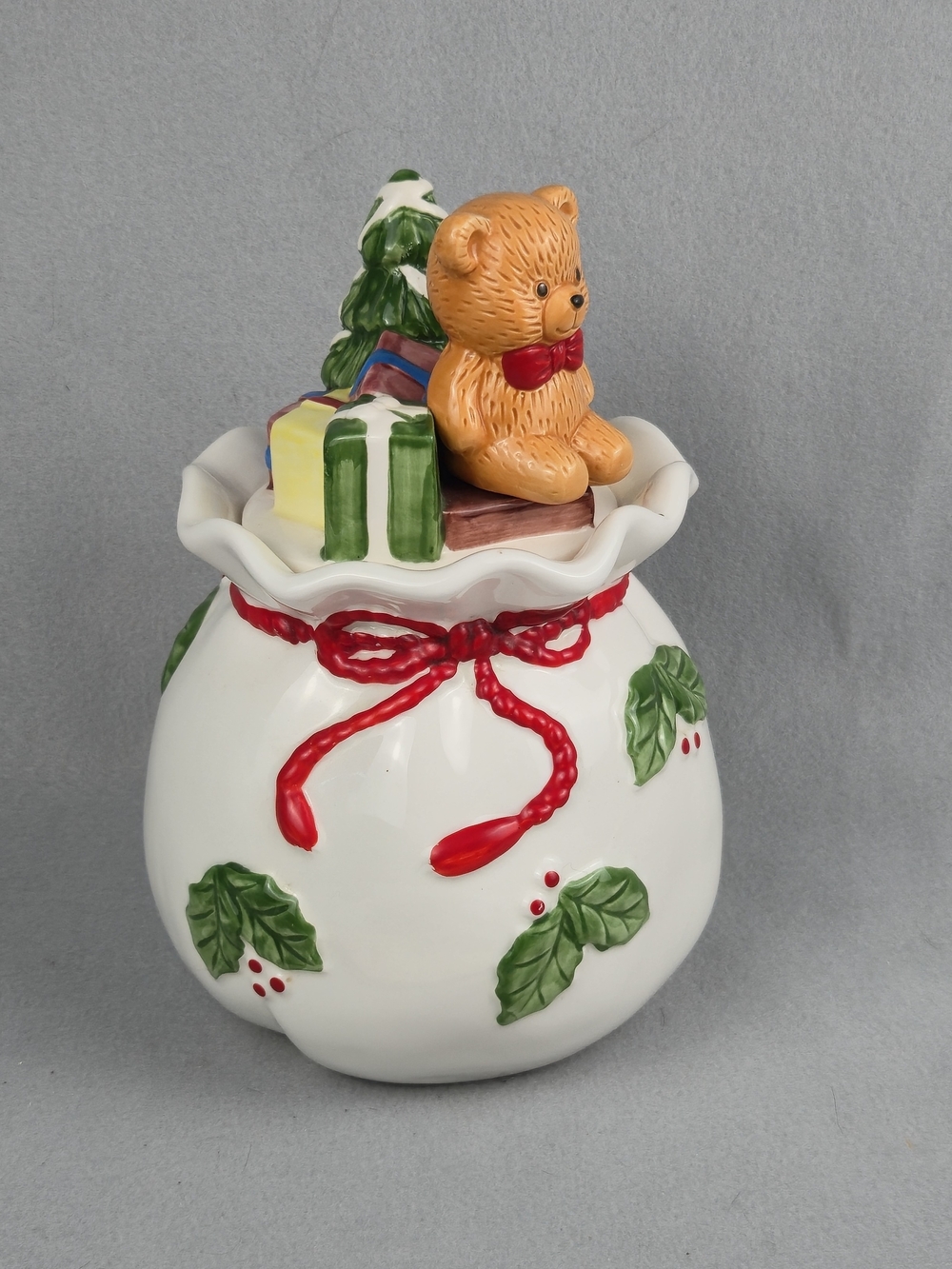 Vintage Ceramic Christmas Cookie / Candy Jar – Santa Toy Sack w/ Teddy Bear Lid